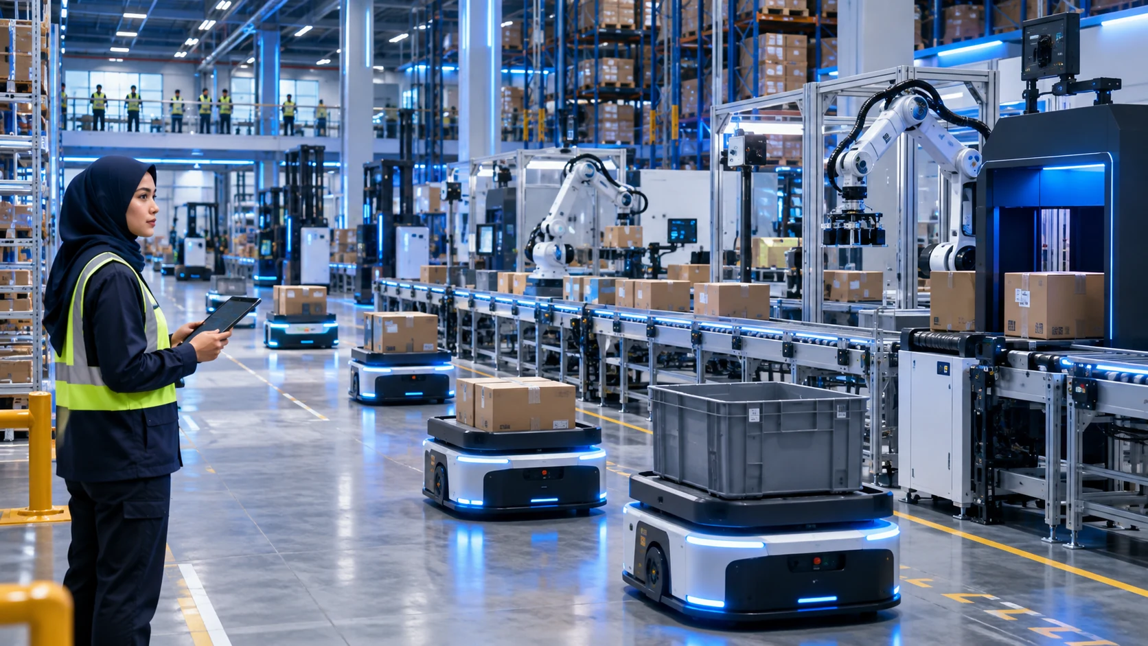 AI-enabled warehouse with robotics, autonomous mobile robots and computer vision inspection