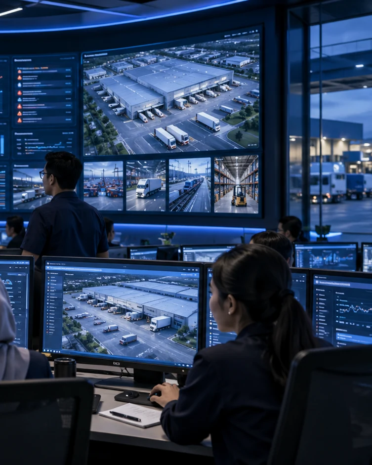Operations team supervising predictive logistics dashboards in an AI command centre