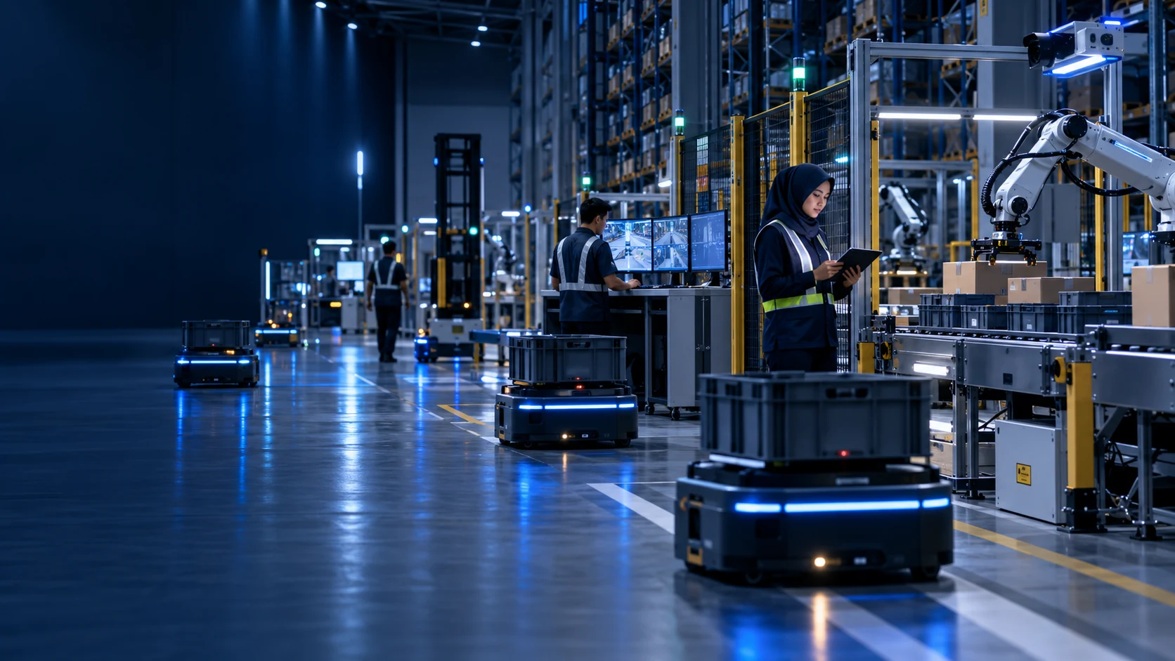 AI-enabled distribution centre with autonomous mobile robots and human supervisors