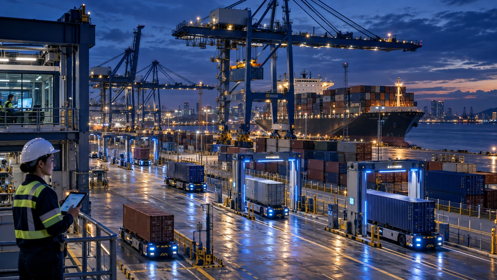 AI-enabled smart port with automated cranes and autonomous container transport