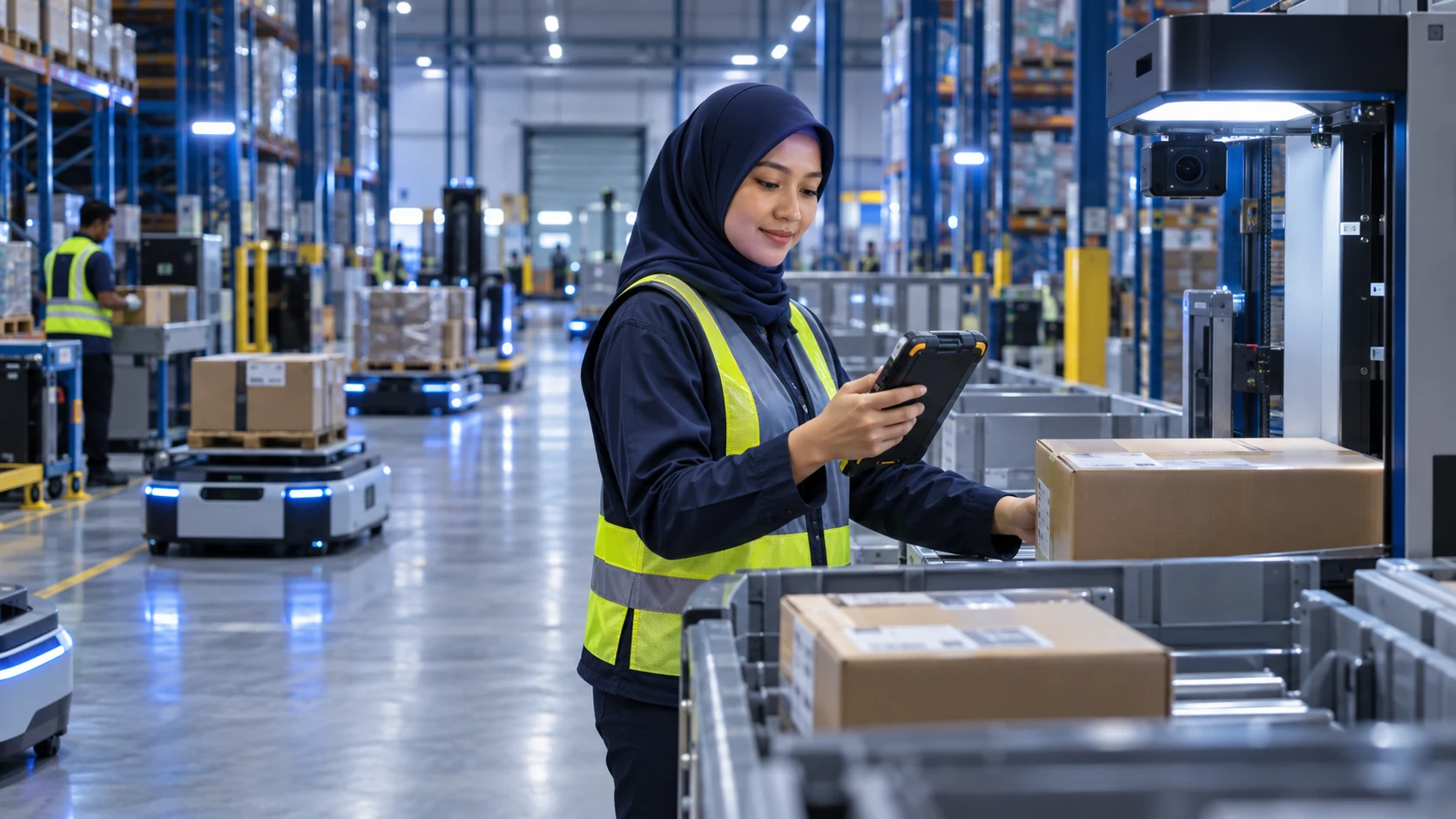 Warehouse operator working with an AI vision station and autonomous mobile robots